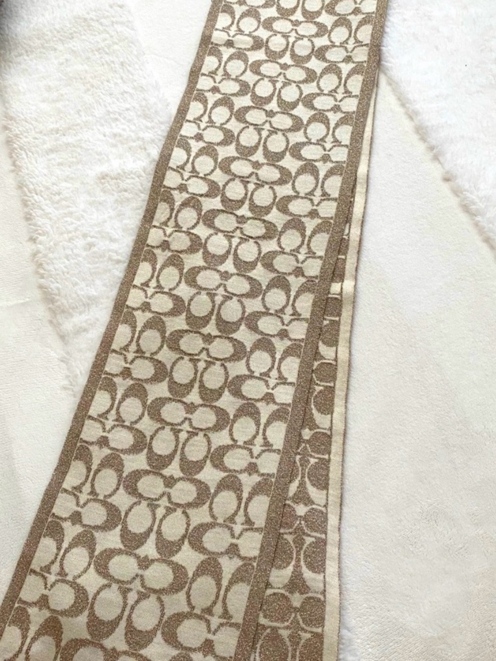 Coach Japan Metallic Gold & Beige Signature Monogram Double Sided Scarf